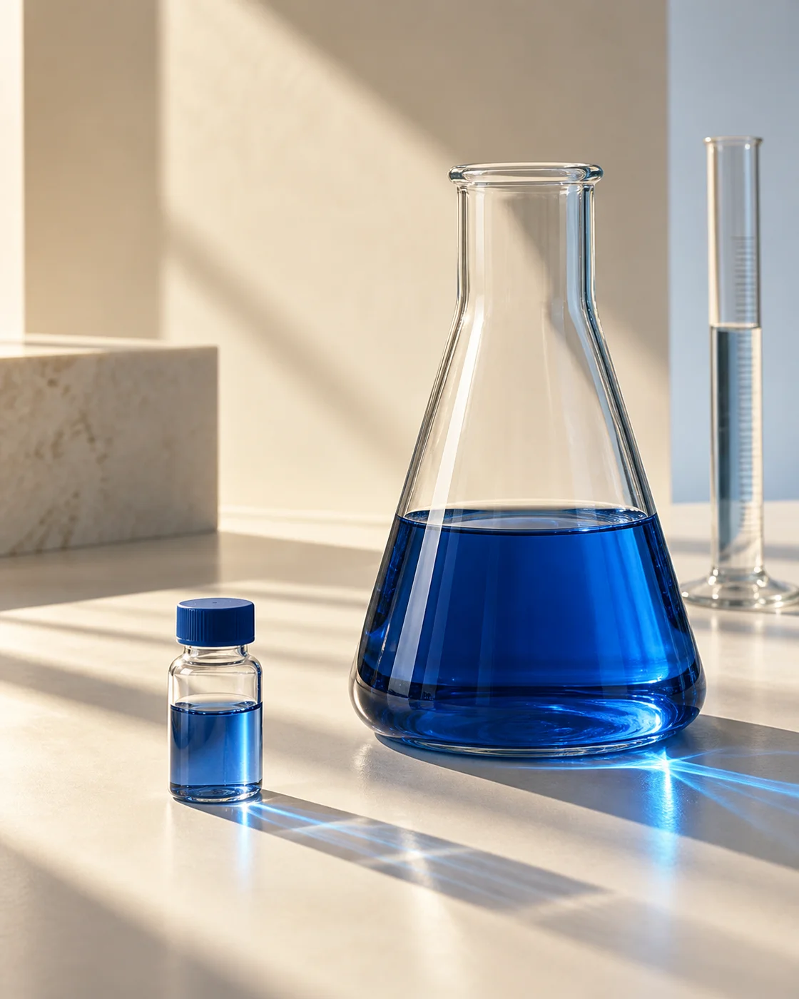 Cobalt-blue solution in sculptural laboratory glassware, lit by warm sunlight